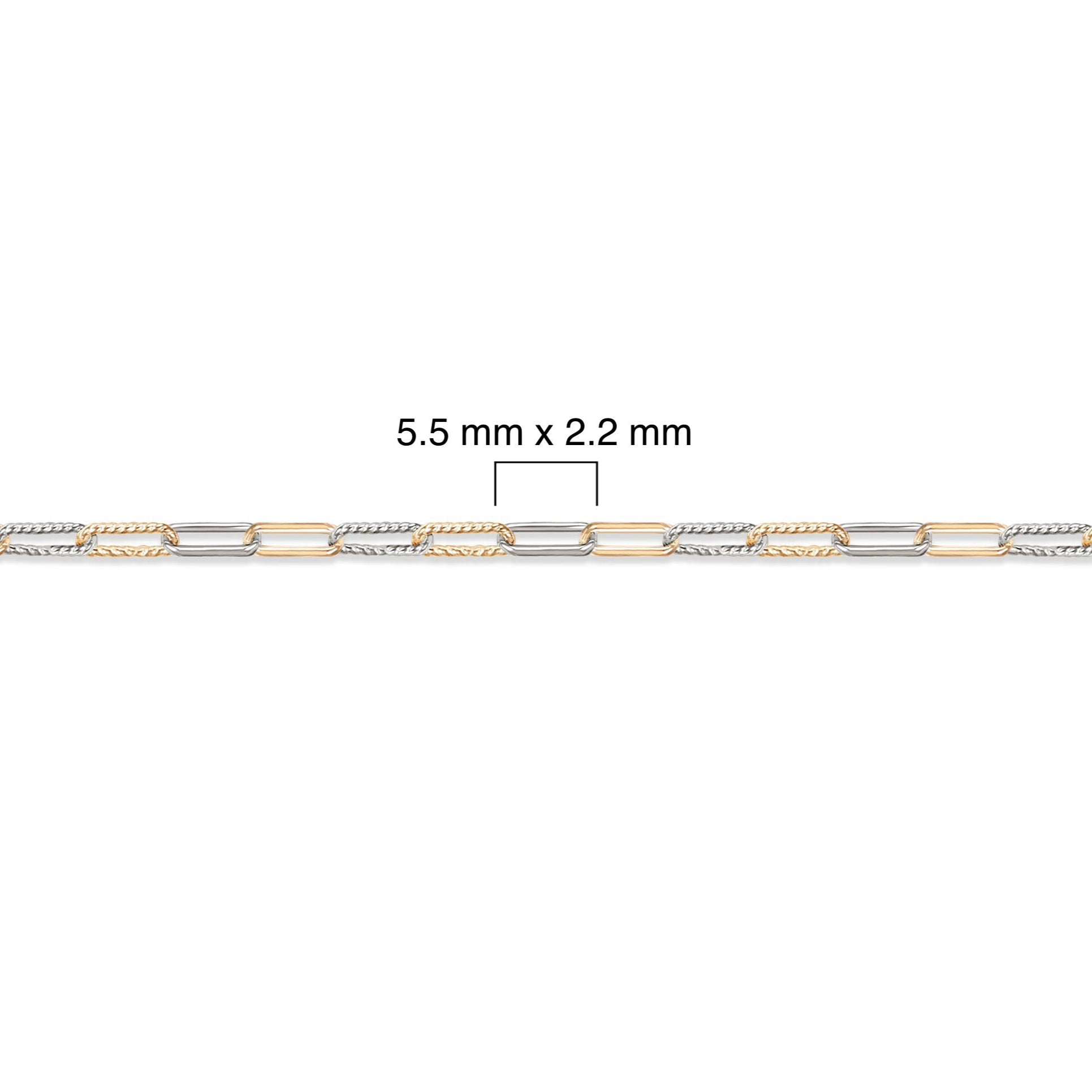 Two-tone gold-filled and sterling silver chain with dimensions labeled on a white background