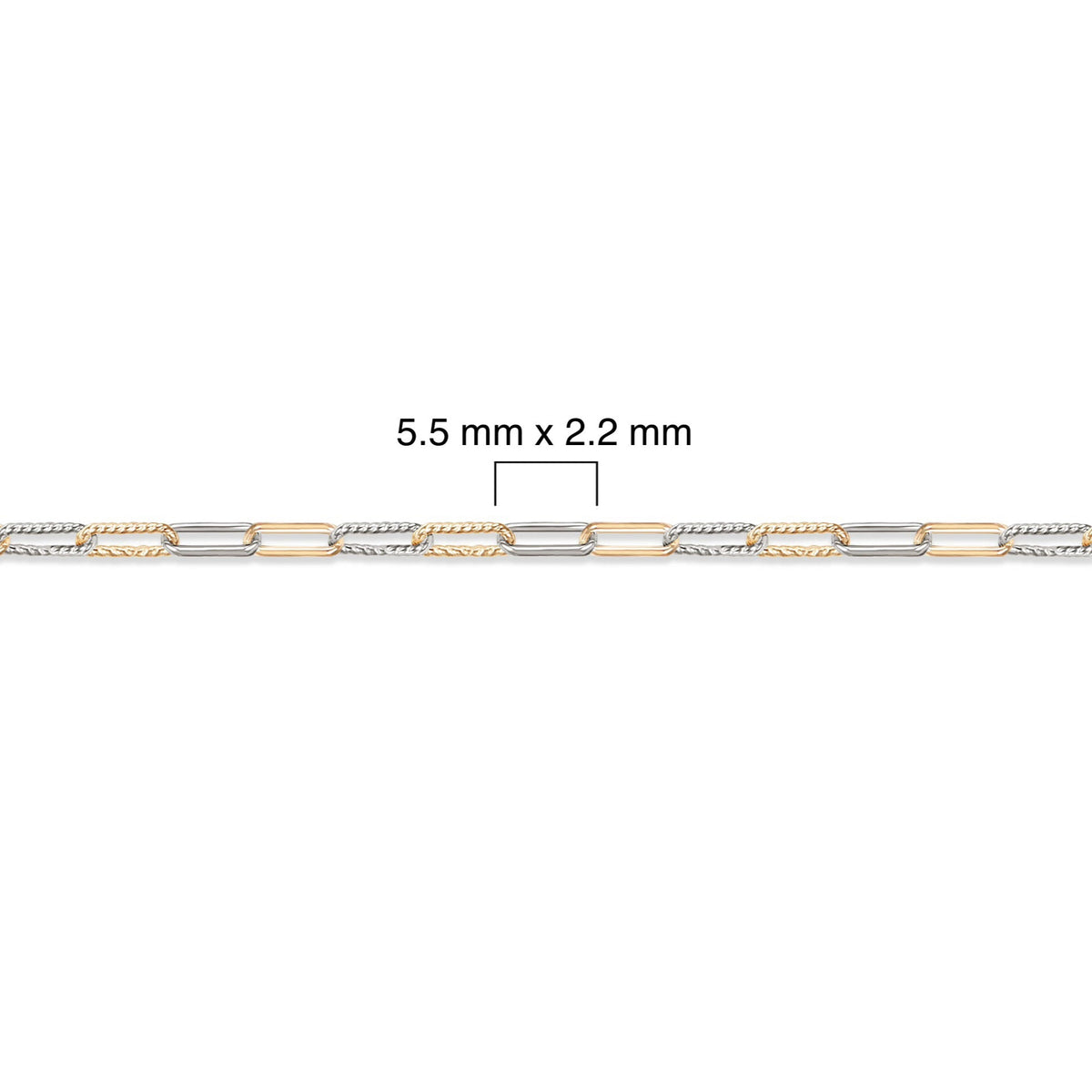 Two-tone gold-filled and sterling silver chain with dimensions labeled on a white background