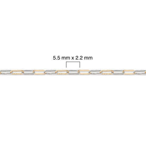Two-tone gold-filled and sterling silver chain with dimensions labeled on a white background