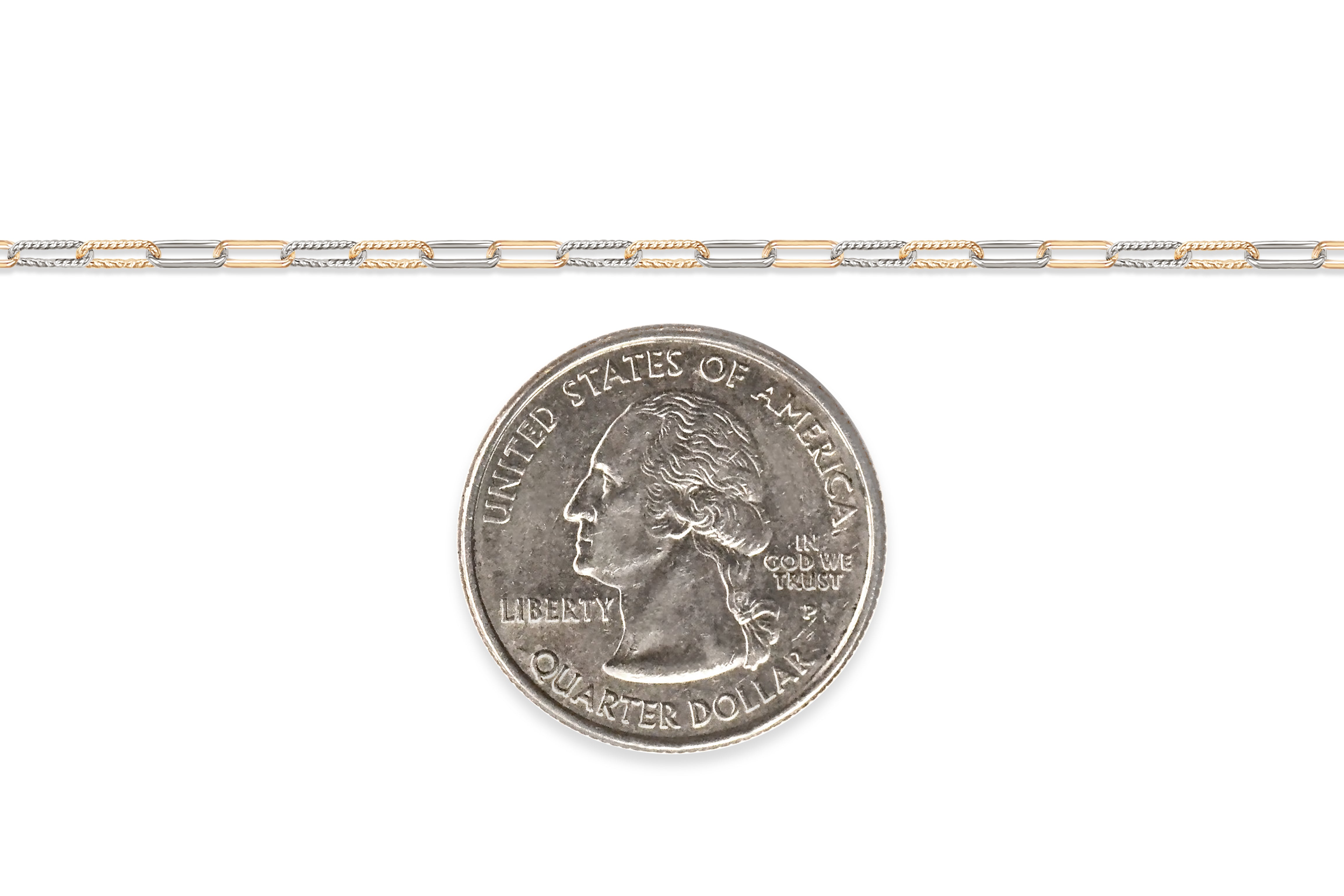 Two-tone gold-filled and sterling silver chain next to a U.S. quarter dollar coin for scale