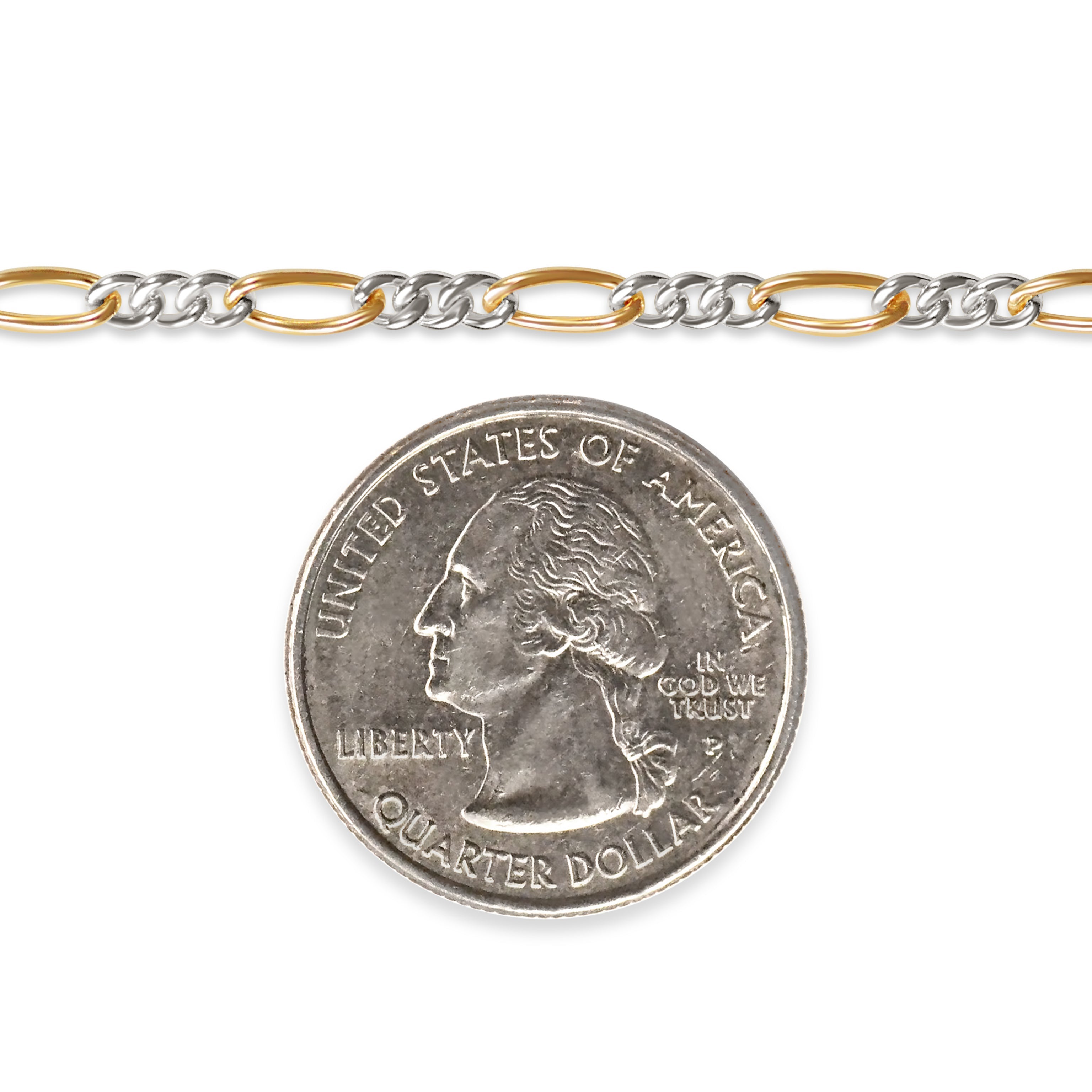 Two-tone gold filled and silver chain with a quarter dollar coin on a white background