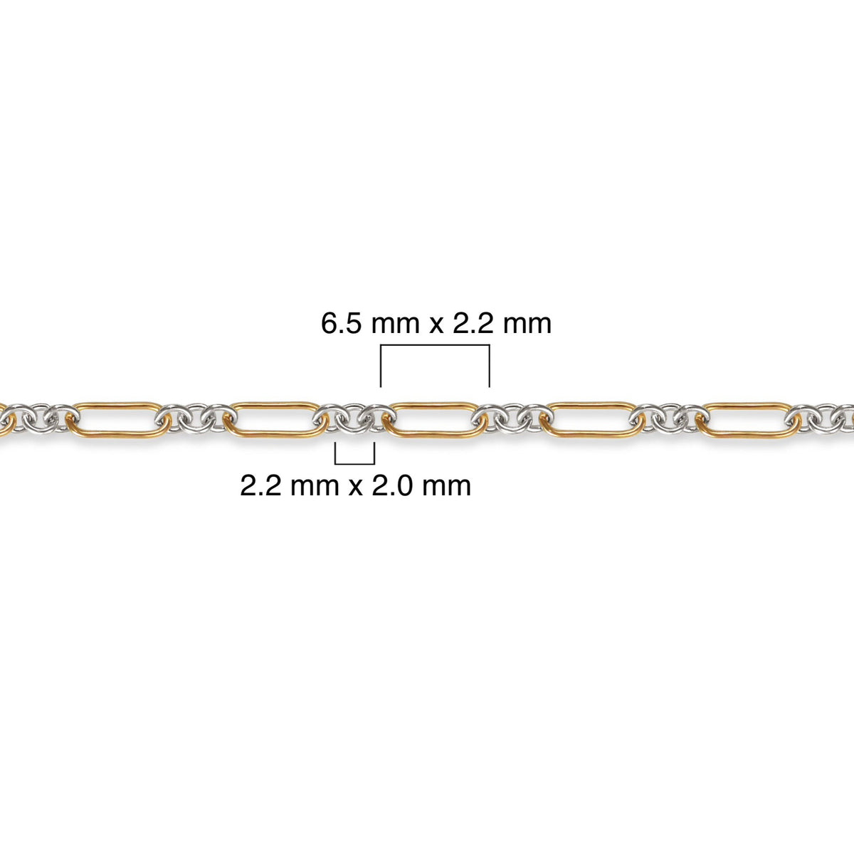 Two-tone chain with measurements on a white background