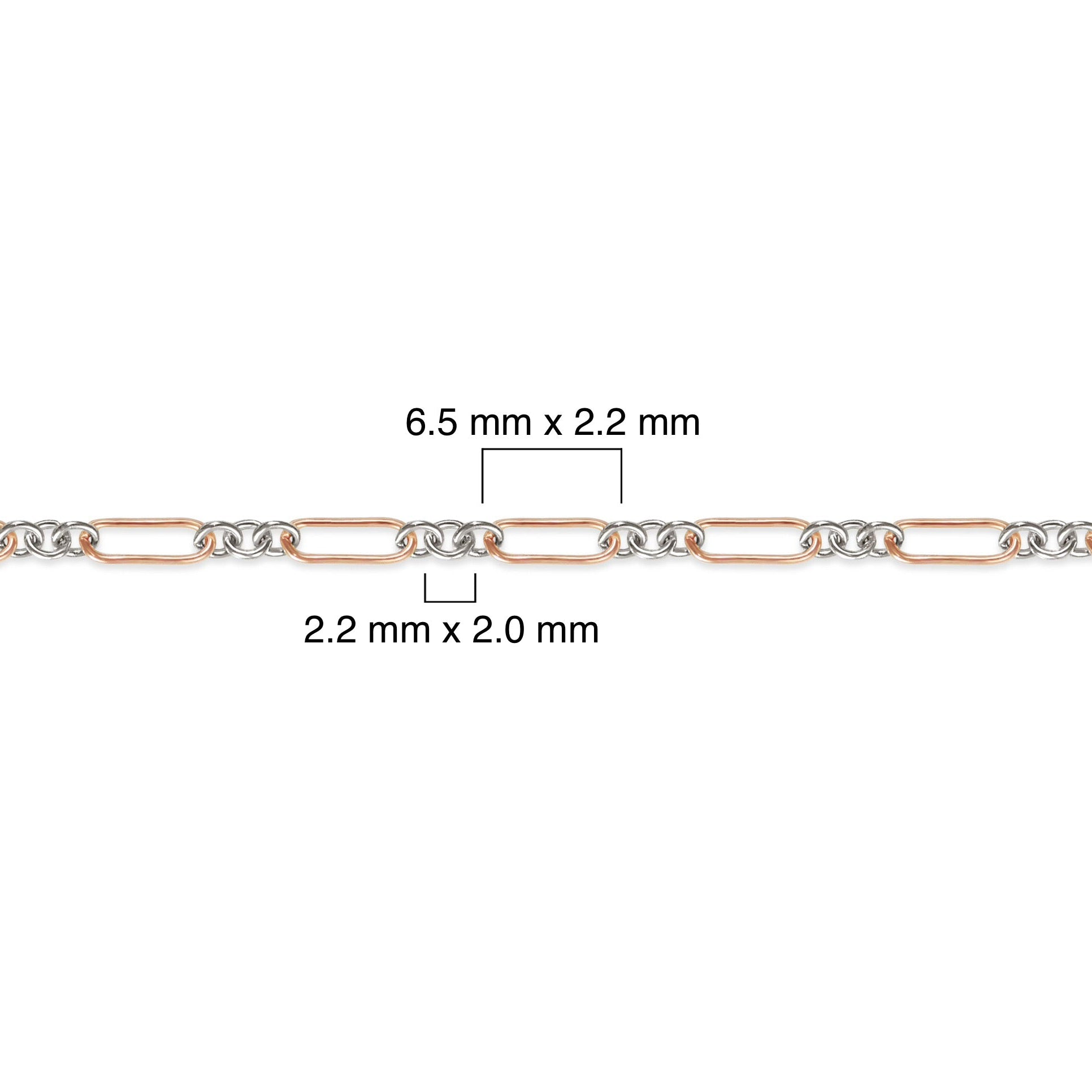 Mixed-metal, 14K rose gold-filled plus sterling silver unfinished chain with measurements on a white background