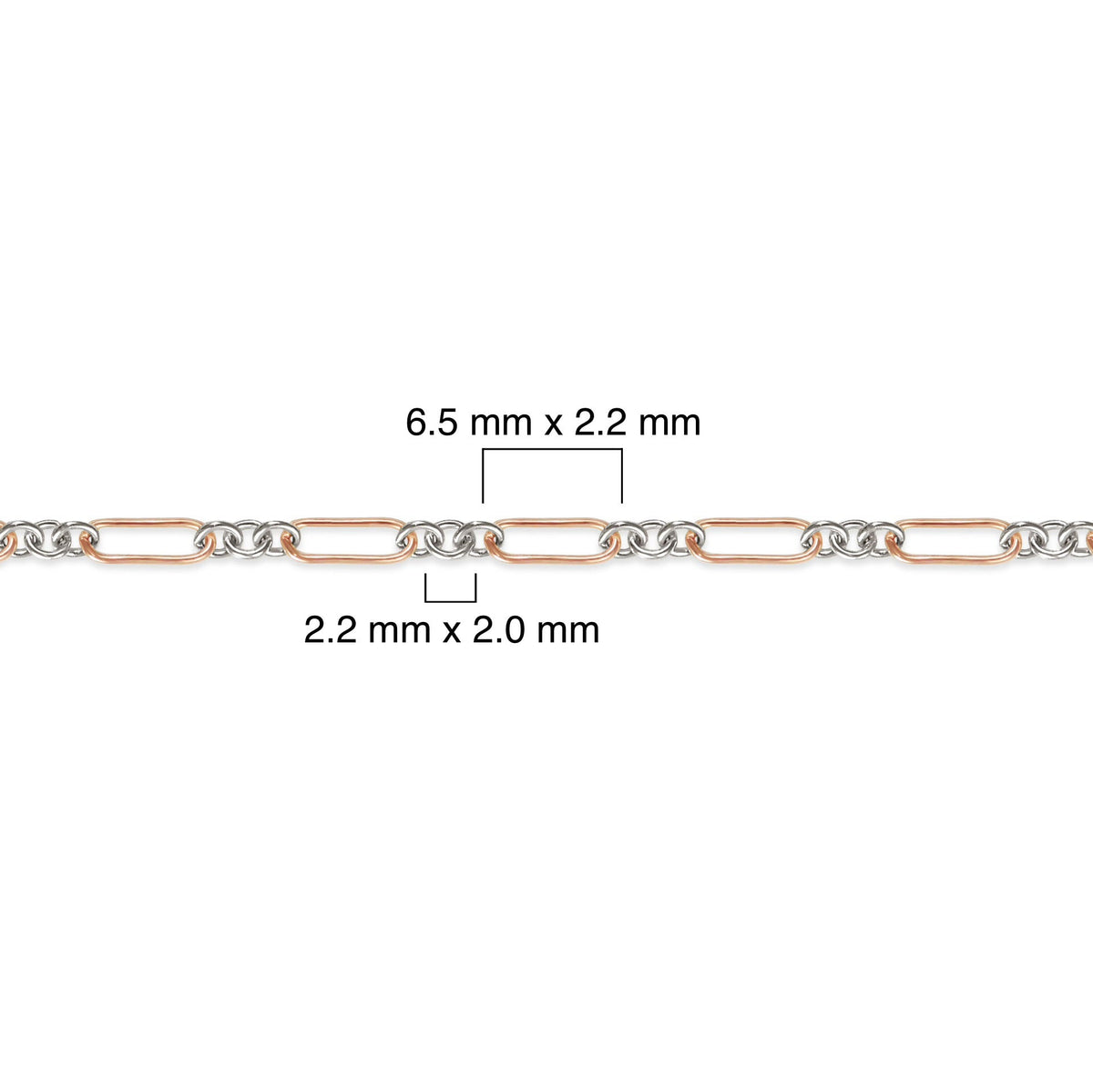 Mixed-metal, 14K rose gold-filled plus sterling silver unfinished chain with measurements on a white background