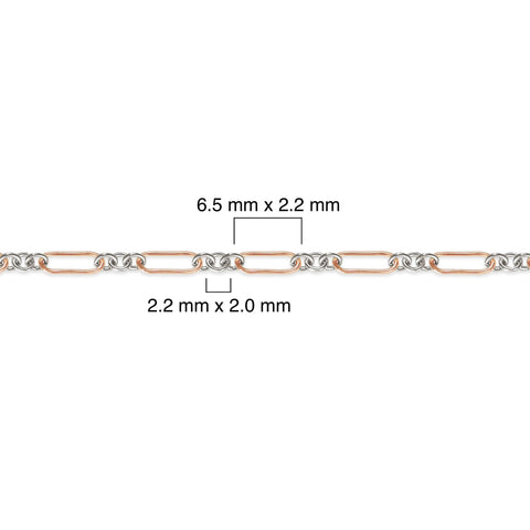 Mixed-metal, 14K rose gold-filled plus sterling silver unfinished chain with measurements on a white background