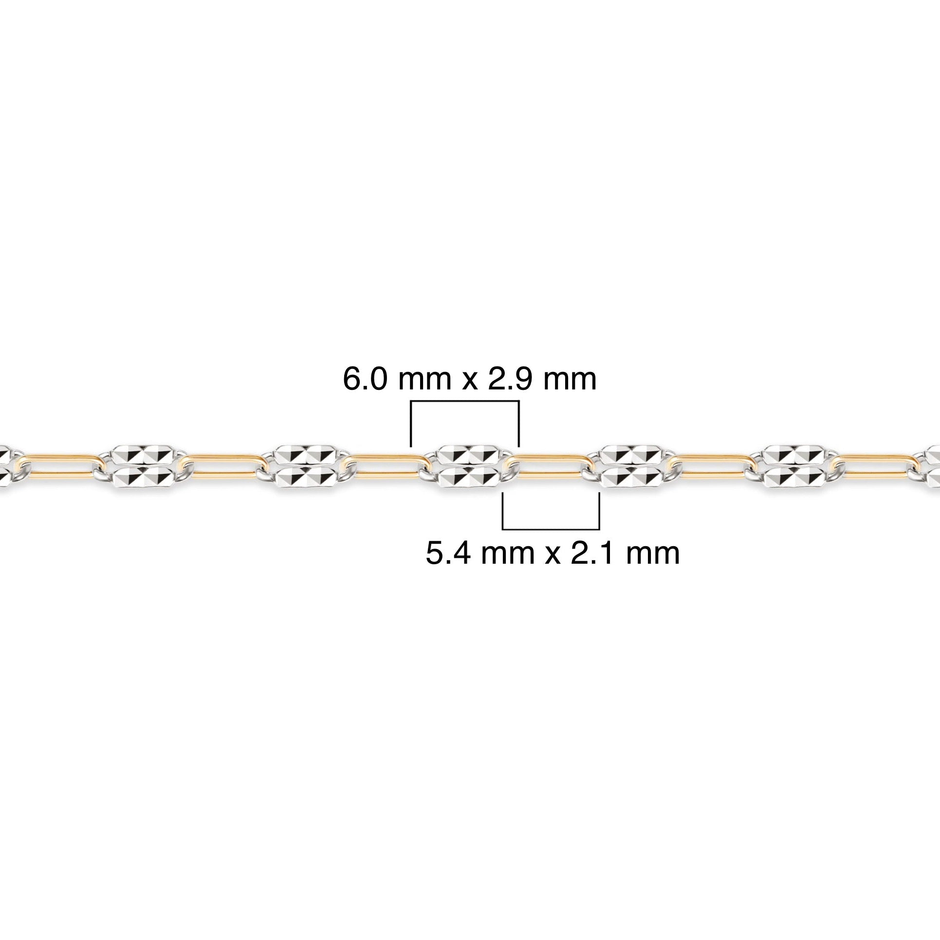 Two-tone gold-filled plus sterling silver chain with measurements on a white background