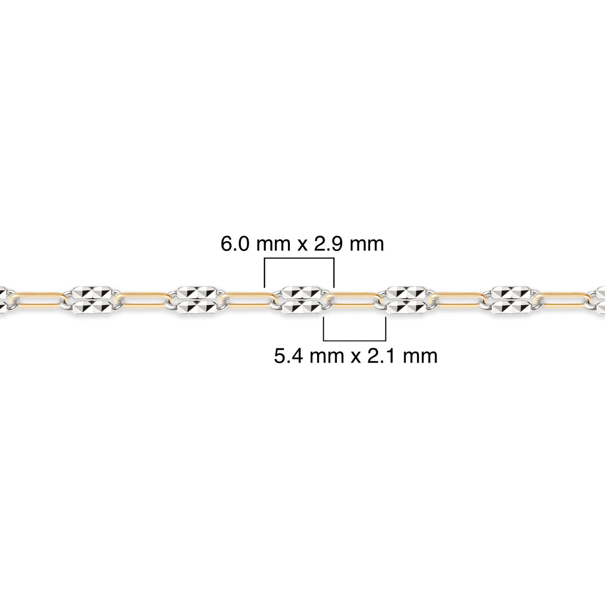 Two-tone gold-filled plus sterling silver chain with measurements on a white background