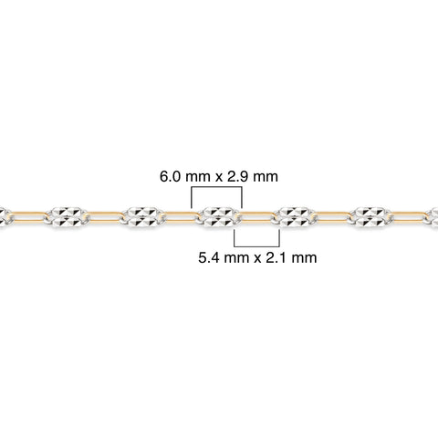 Two-tone gold-filled plus sterling silver chain with measurements on a white background