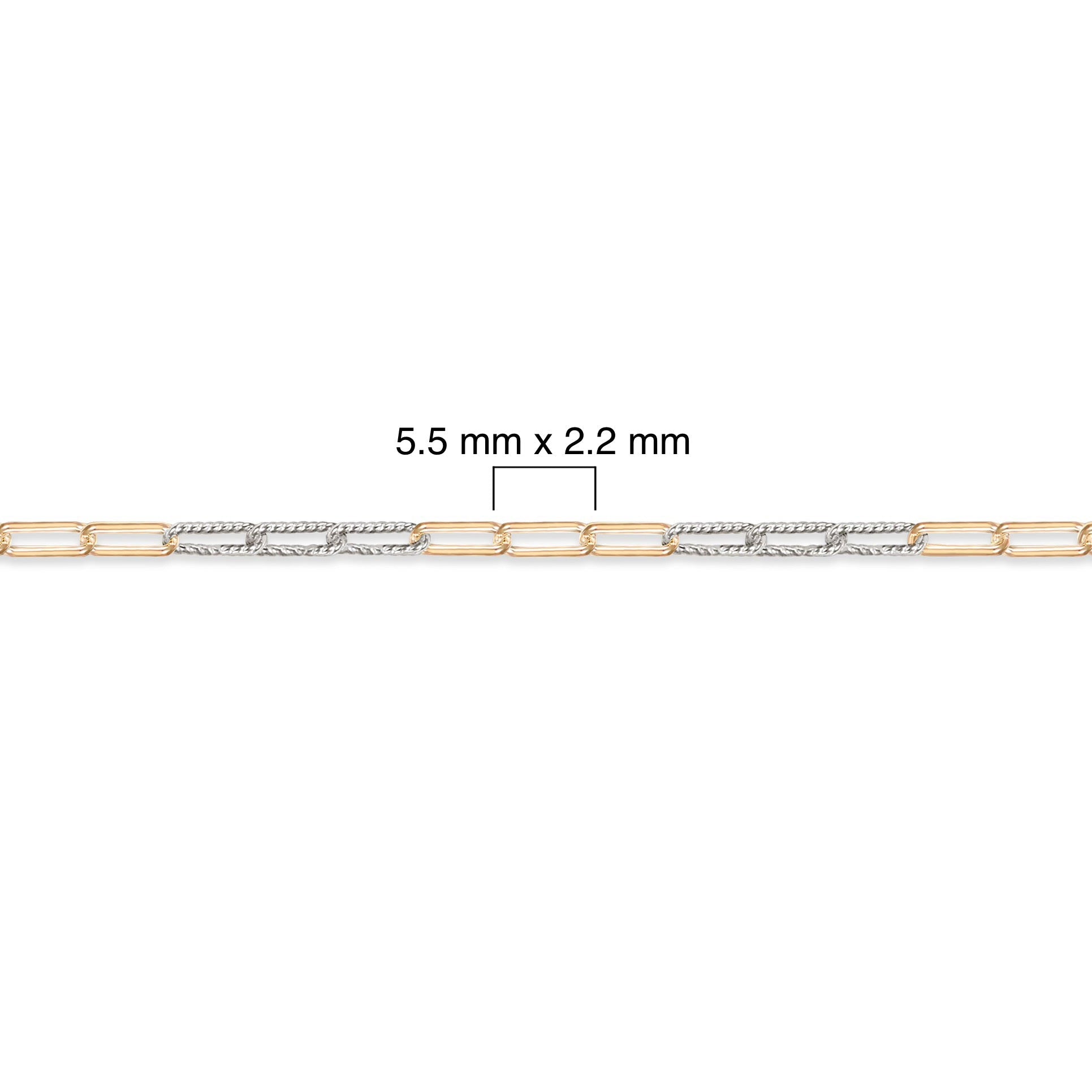 Two-tone gold-filled + sterling silver chain with dimensions labeled on a white background
