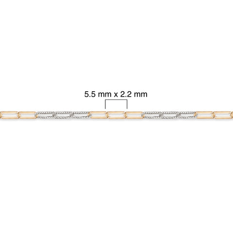 Two-tone gold-filled + sterling silver chain with dimensions labeled on a white background