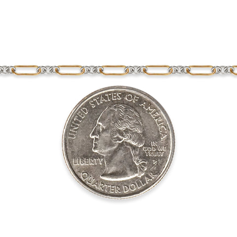 Two-tone chain next to a quarter on a white background