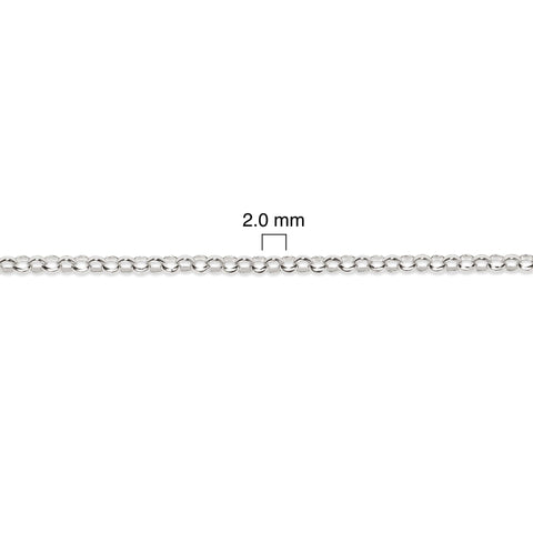 Silver chain with a measurement of 2.0 mm on a white background