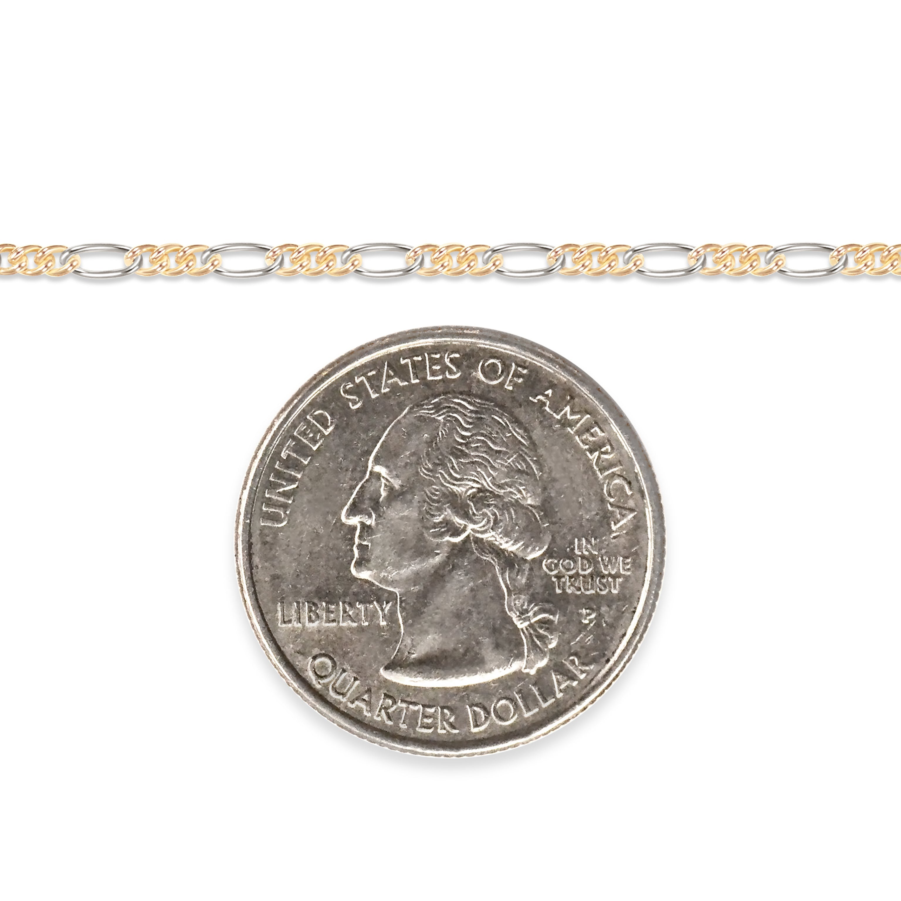 Two-tone gold-filled plus sterling silver chain next to a U.S. quarter dollar coin for scale