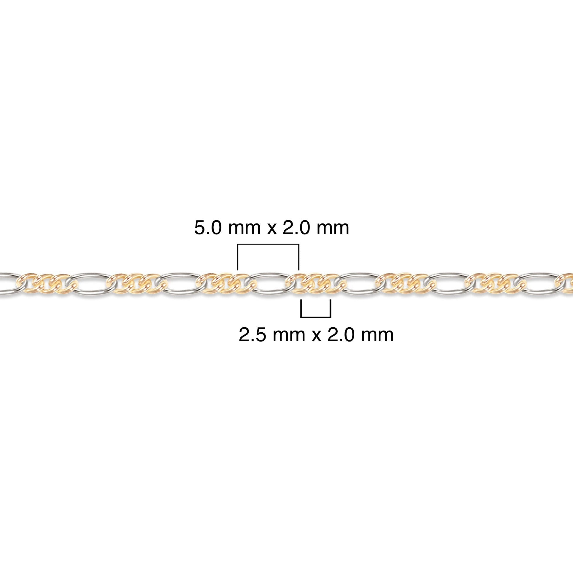 Two-tone gold-filled plus sterling silver chain with measurements on a white background