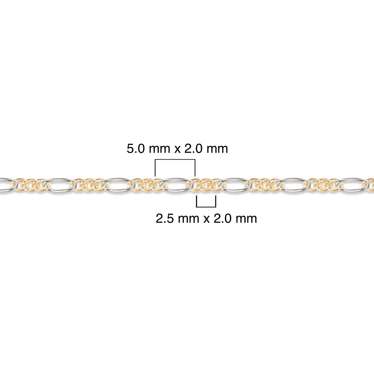 Two-tone gold-filled plus sterling silver chain with measurements on a white background