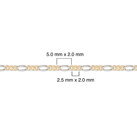 Two-tone gold-filled plus sterling silver chain with measurements on a white background