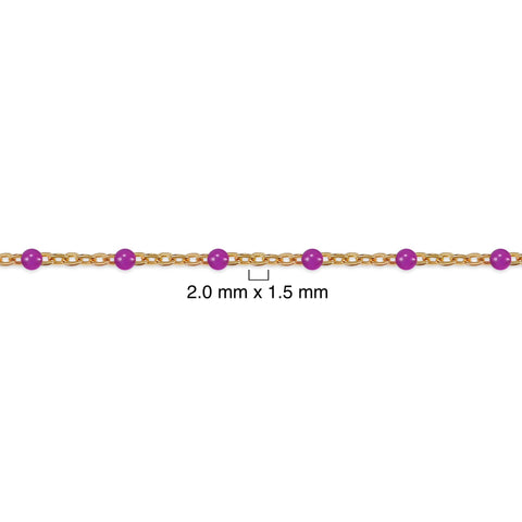 Gold chain with purple beads on a white background