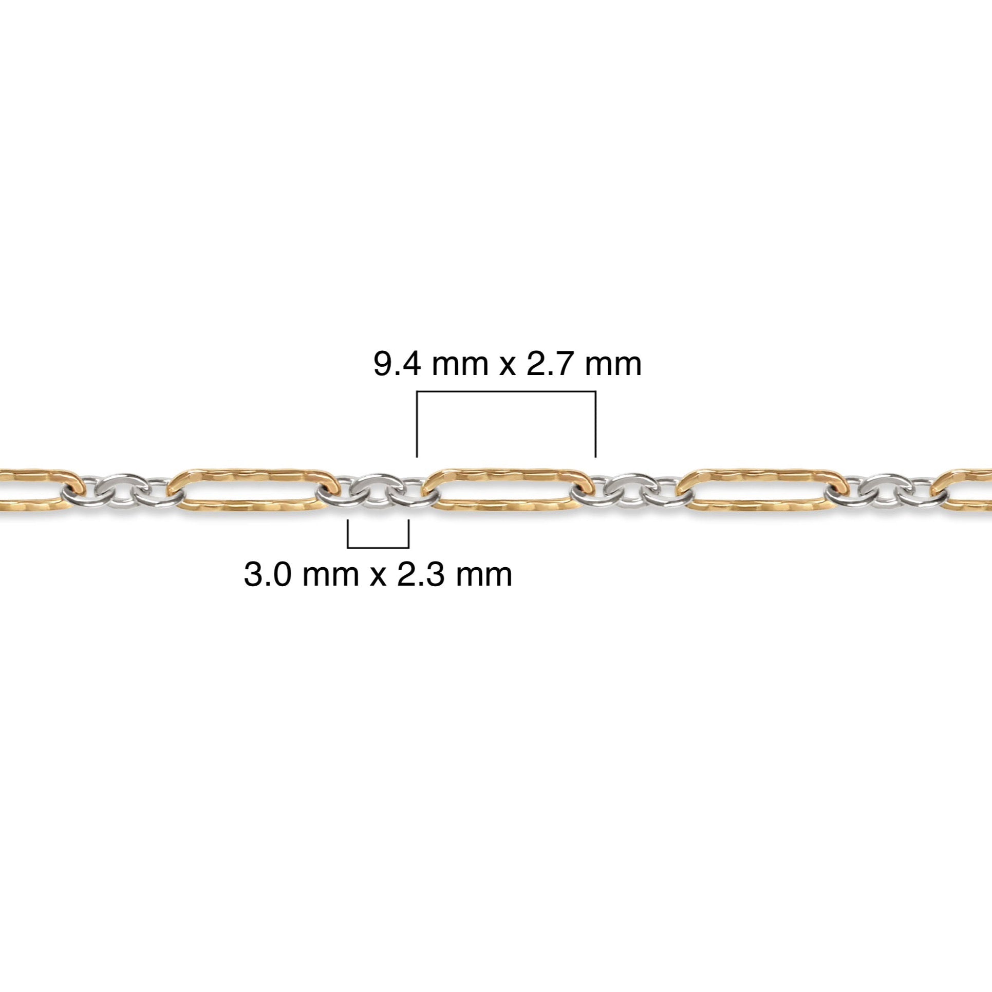 Gold filled and silver chain with measurements on a white background