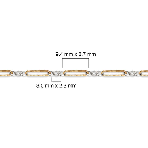 Gold filled and silver chain with measurements on a white background