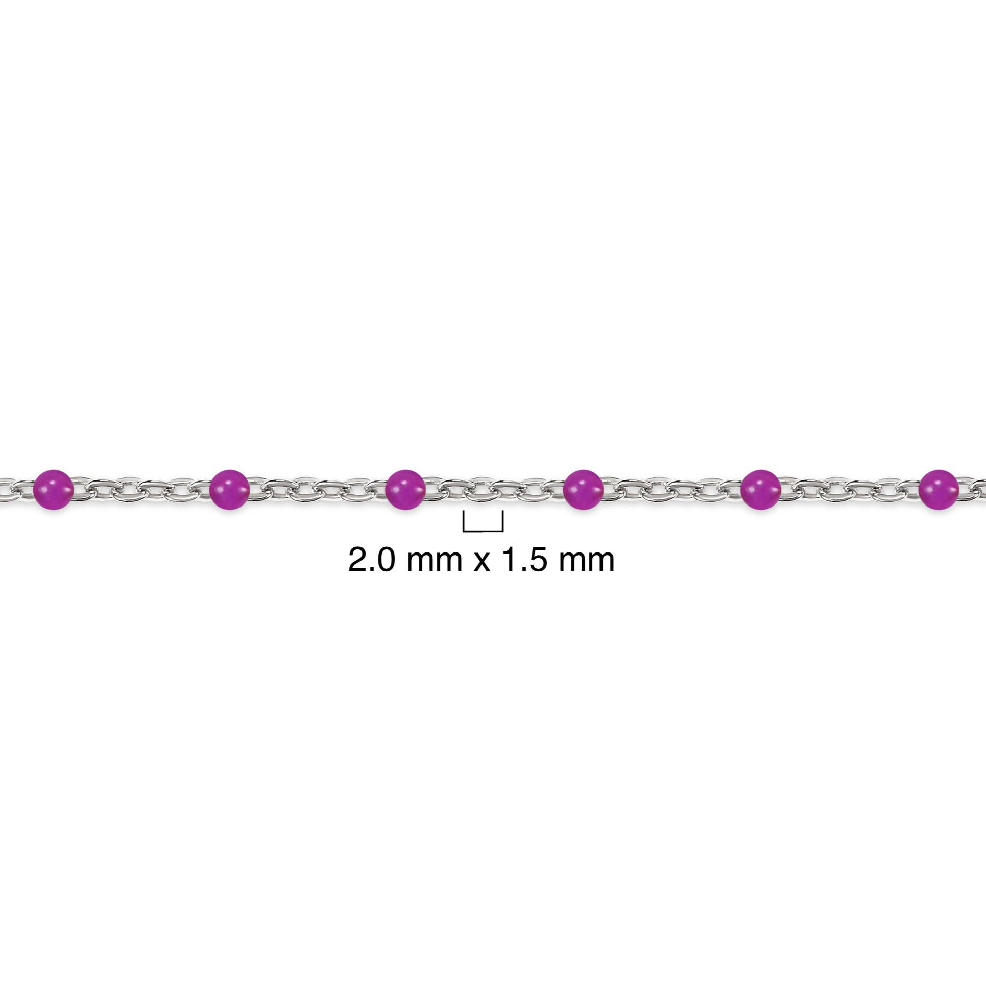 Silver chain with purple enamel beads and measurement details on a white background