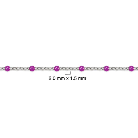 Silver chain with purple enamel beads and measurement details on a white background