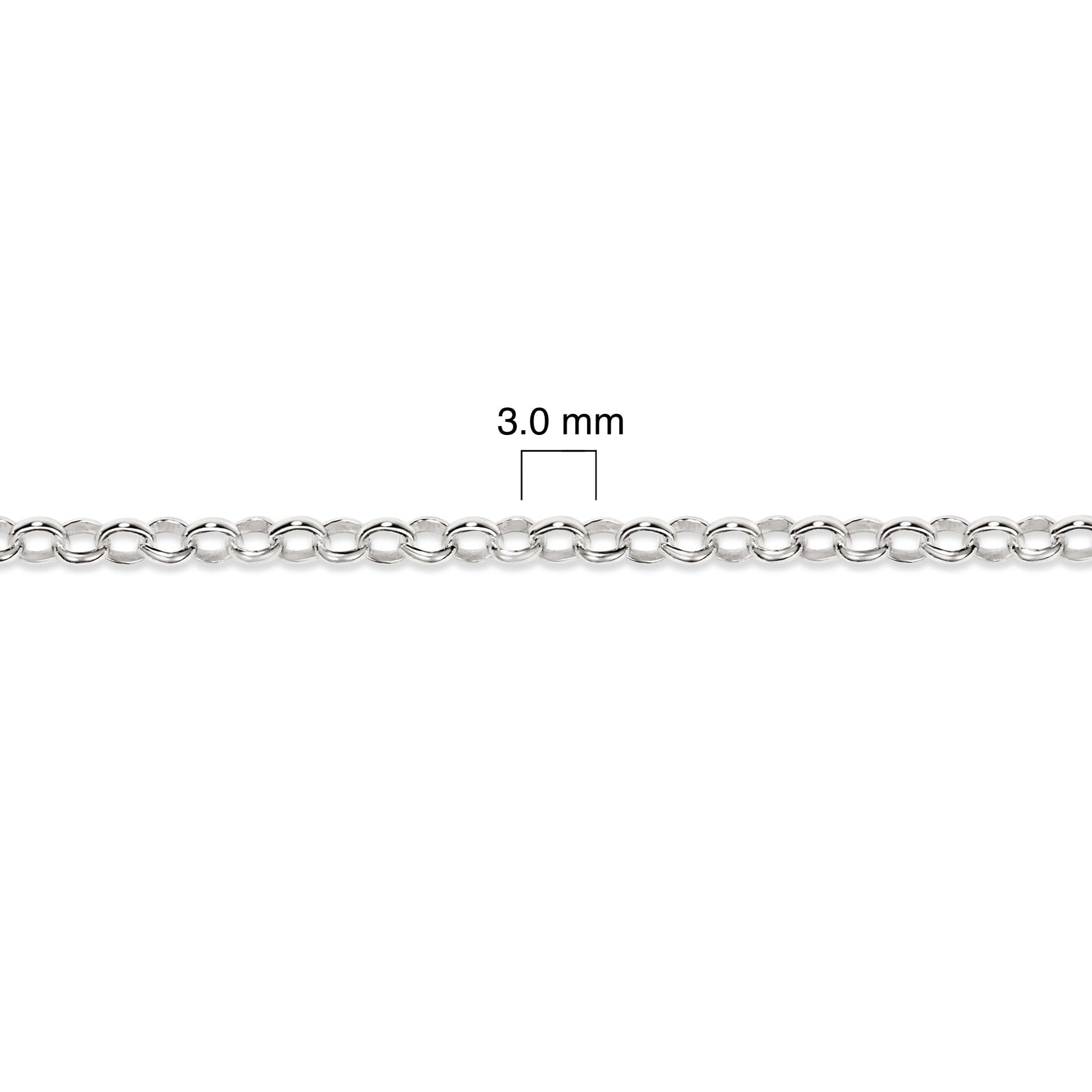 Silver chain with a measurement of 3.0 mm on a white background