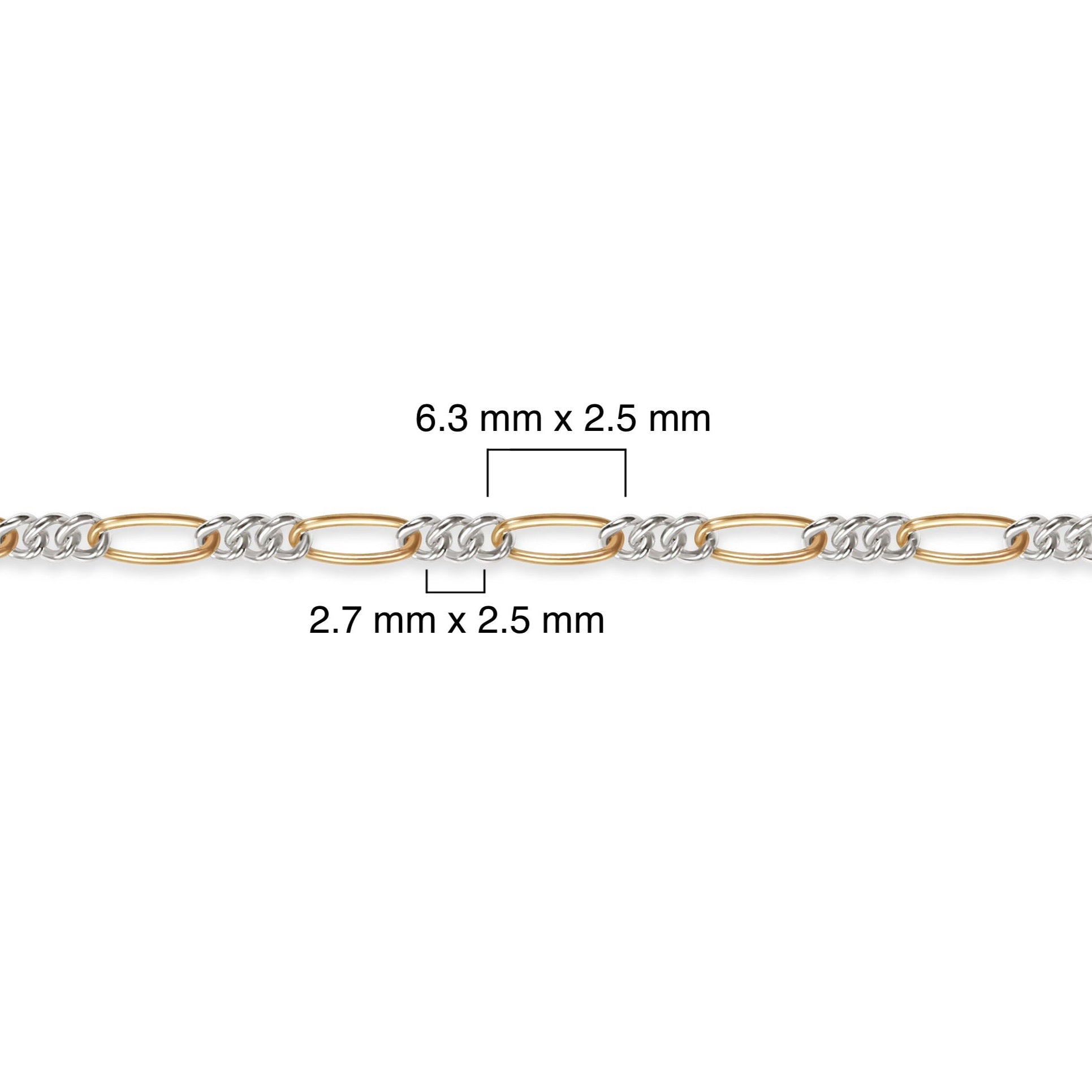 Gold filled and silver chain with measurements on a white background