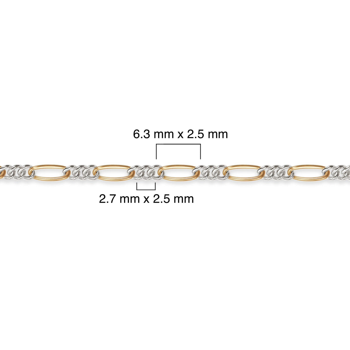 Gold filled and silver chain with measurements on a white background