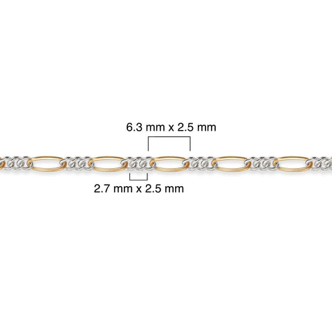 Gold filled and silver chain with measurements on a white background