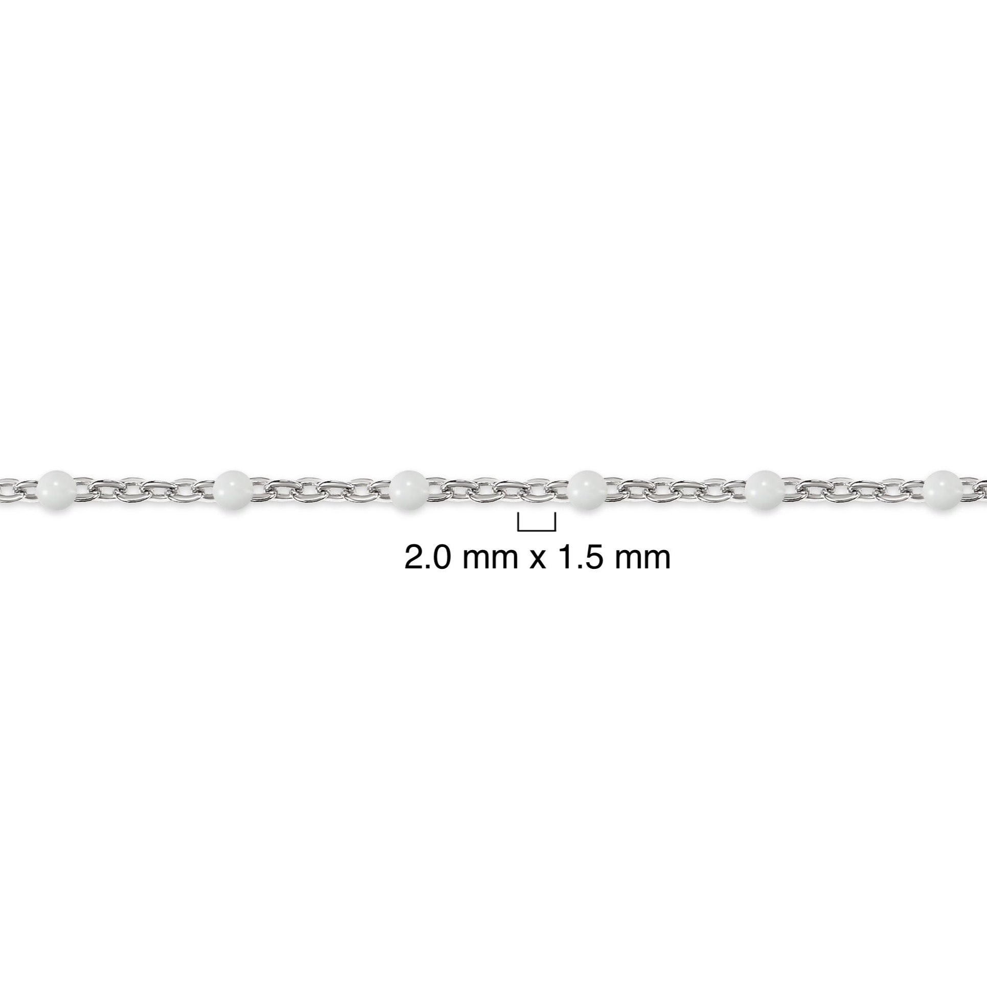 Silver chain with white enamel beads and dimensions on a white background