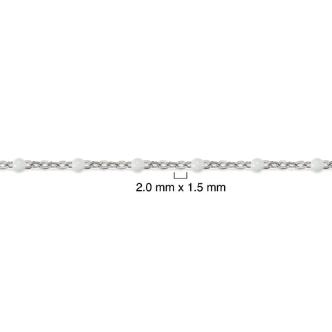 Silver chain with white enamel beads and dimensions on a white background