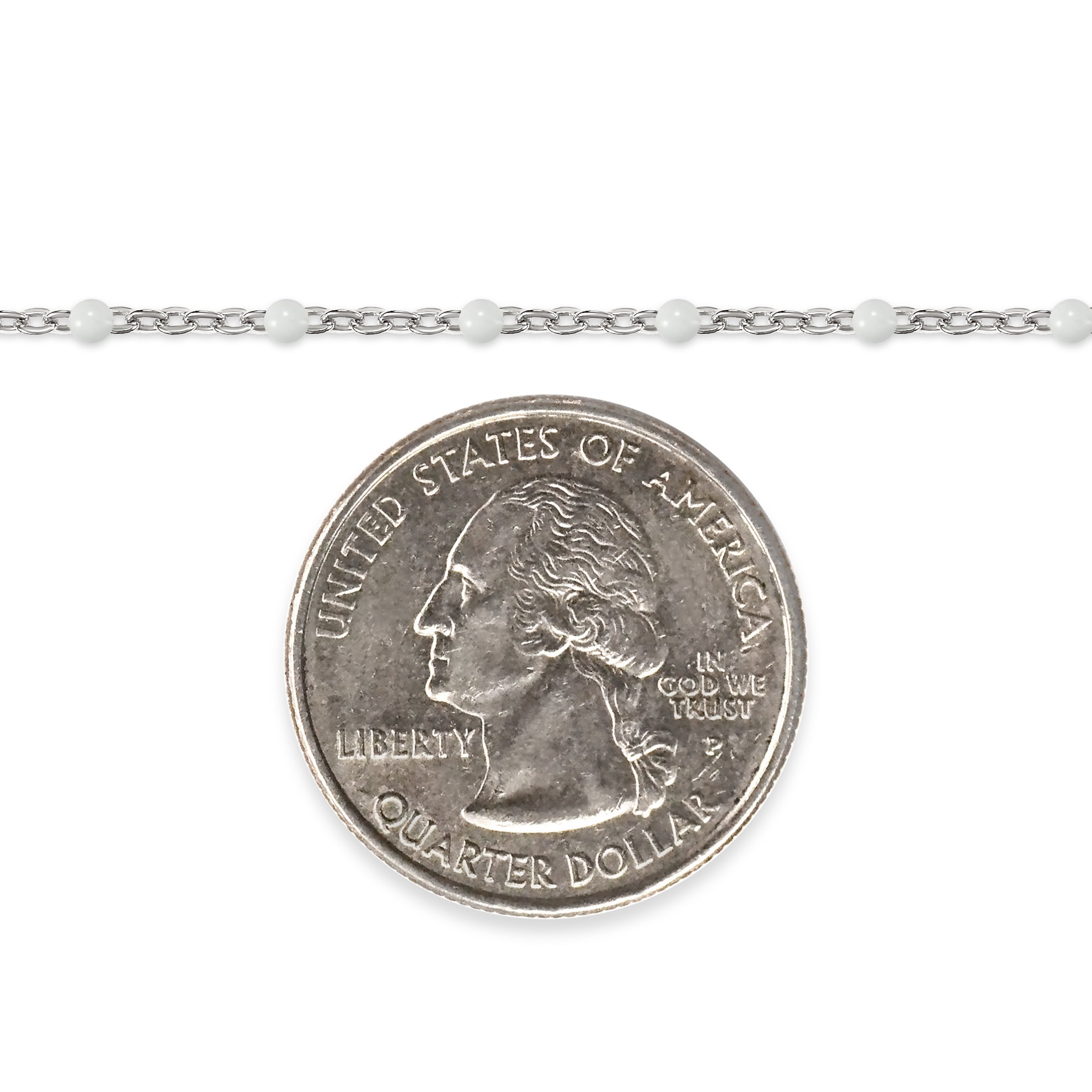 Silver chain with white enamel beads and a quarter dollar coin on a white background