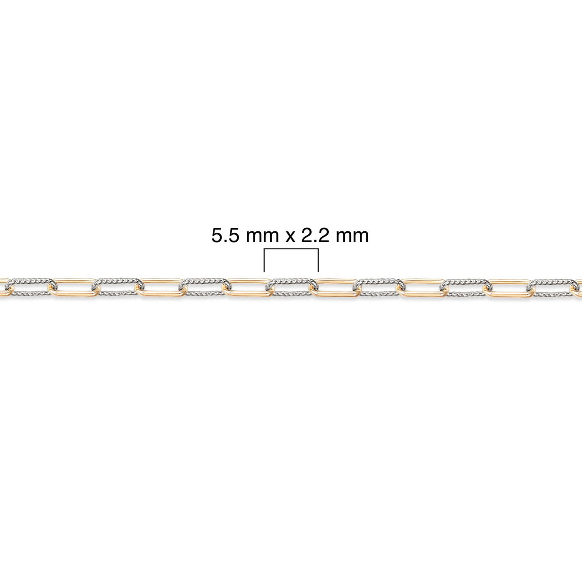 Two-tone gold-filled + sterling silver chain with measurement details labeled on a white background