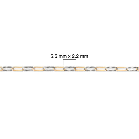 Two-tone gold-filled + sterling silver chain with measurement details labeled on a white background
