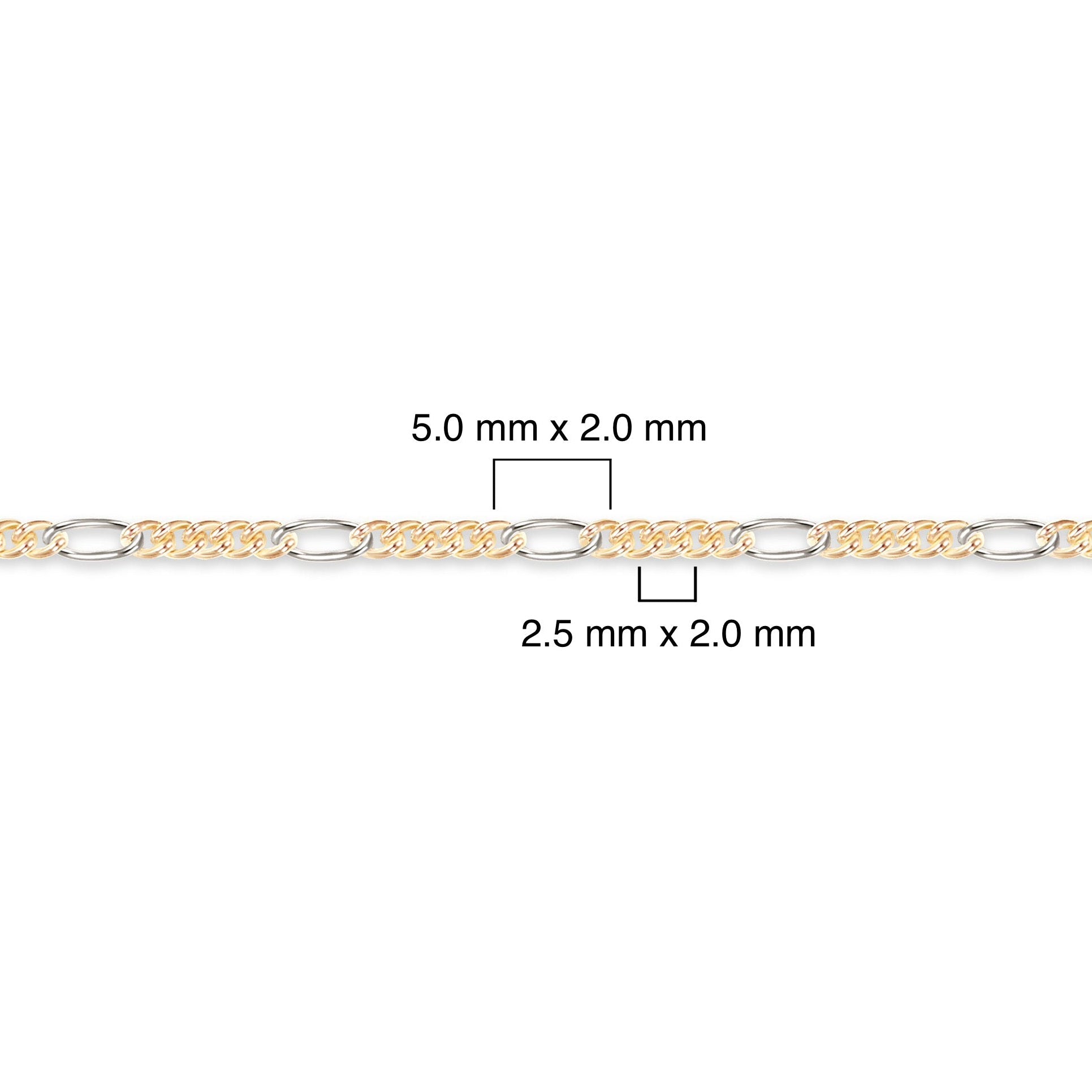 Two-tone gold-filled plus sterling silver chain with measurements on a white background