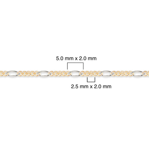 Two-tone gold-filled plus sterling silver chain with measurements on a white background