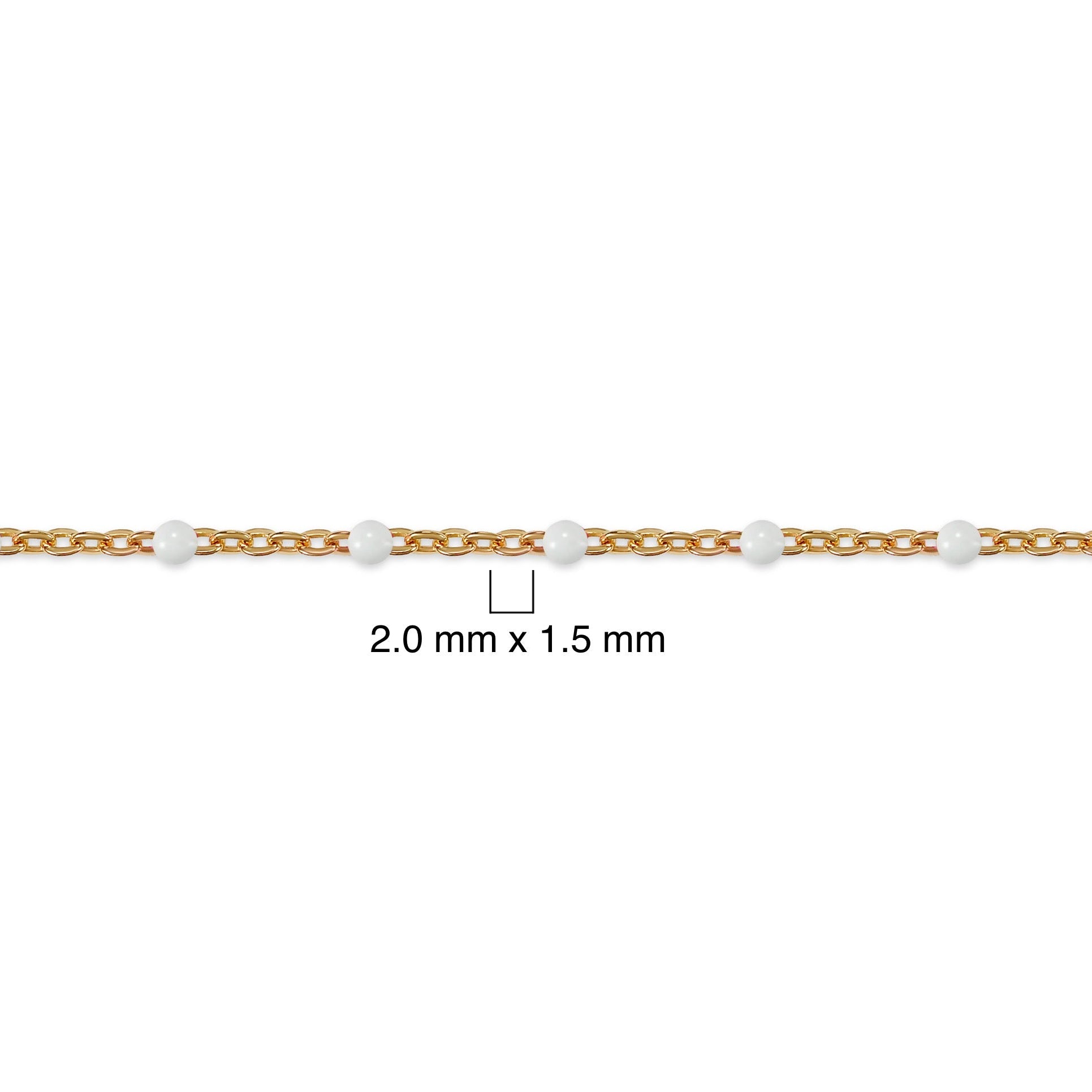 Gold and white beaded bracelet with measurement details on a white background