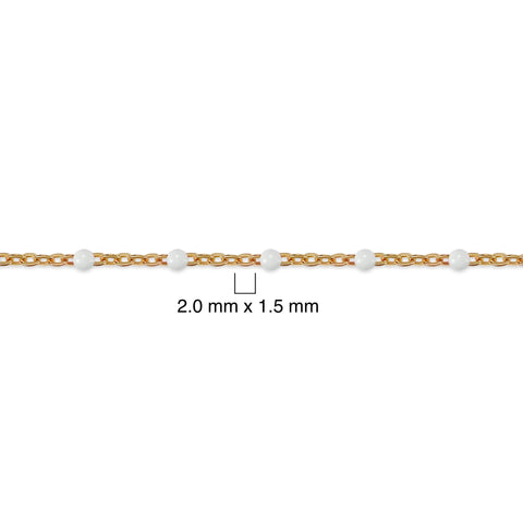 Gold and white beaded bracelet with measurement details on a white background