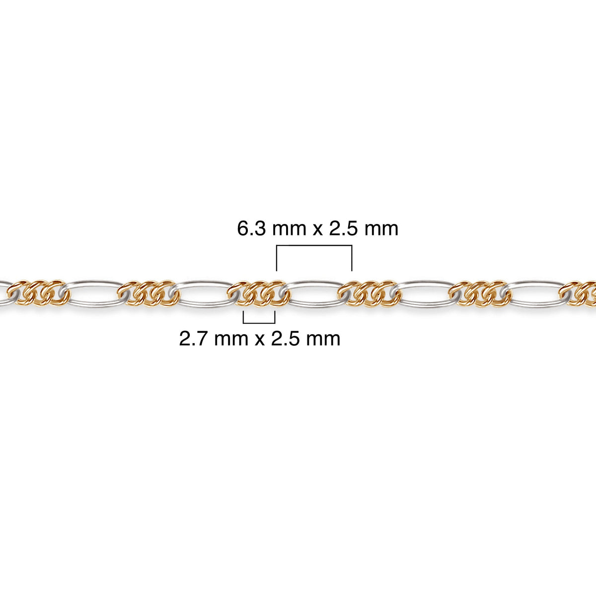 Gold filled and silver chain with measurements on a white background