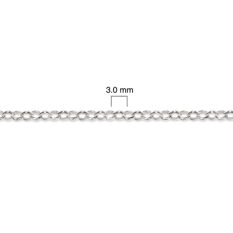 Silver chain with a measurement of 3.0 mm on a white background