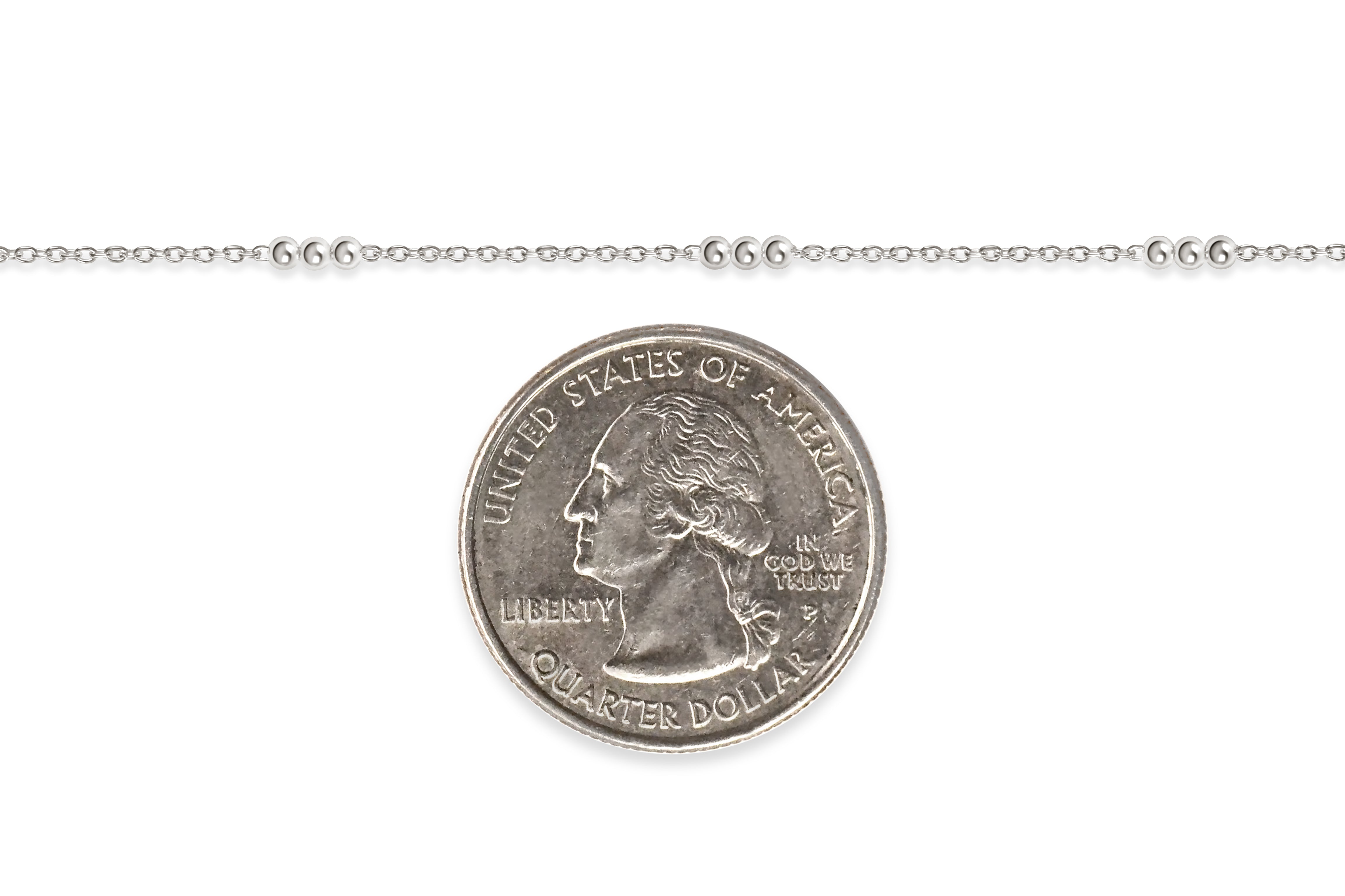 Sterling silver chain next to a U.S. quarter dollar coin for scale on a white background