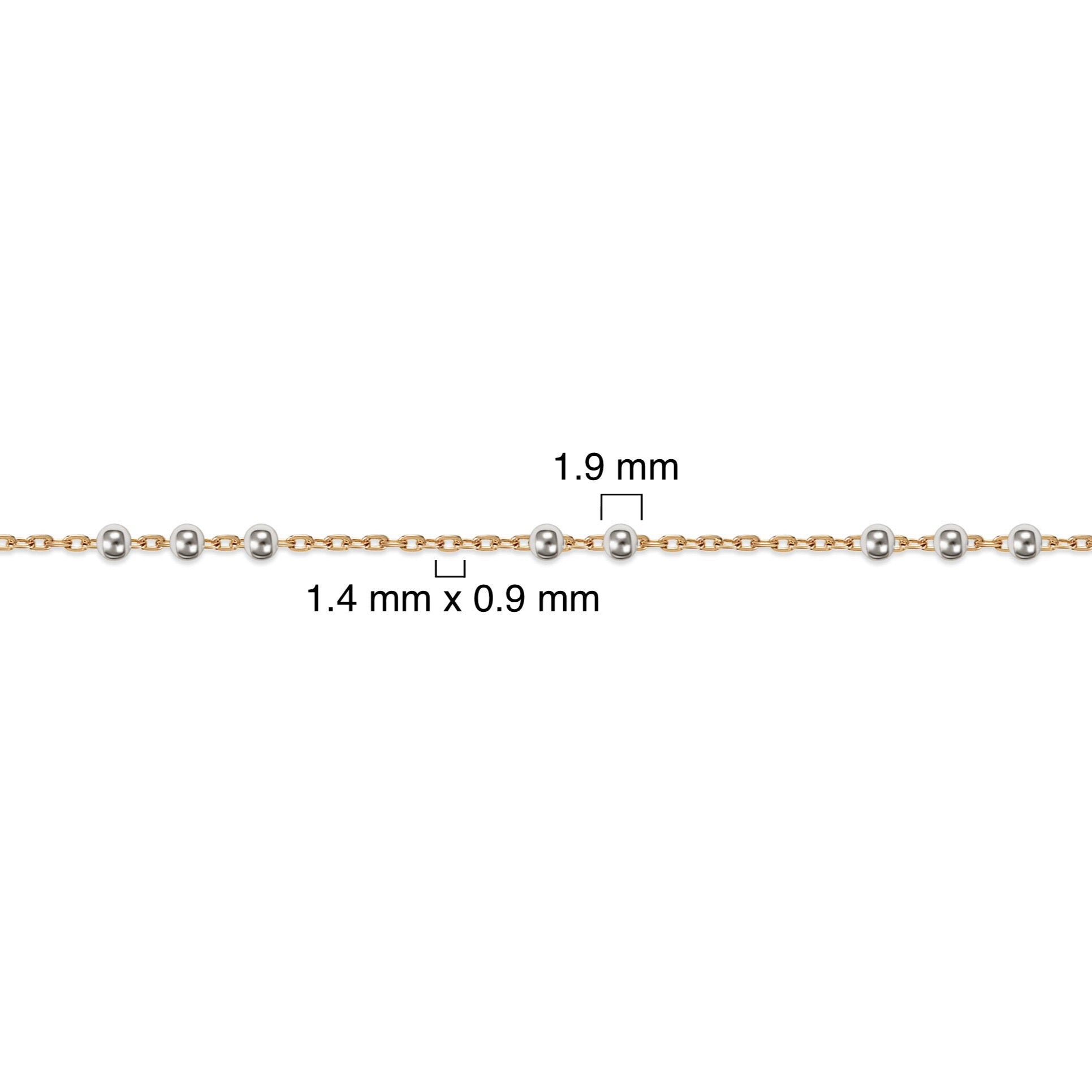 Gold-filled + sterling silver chain with measurements on a white background