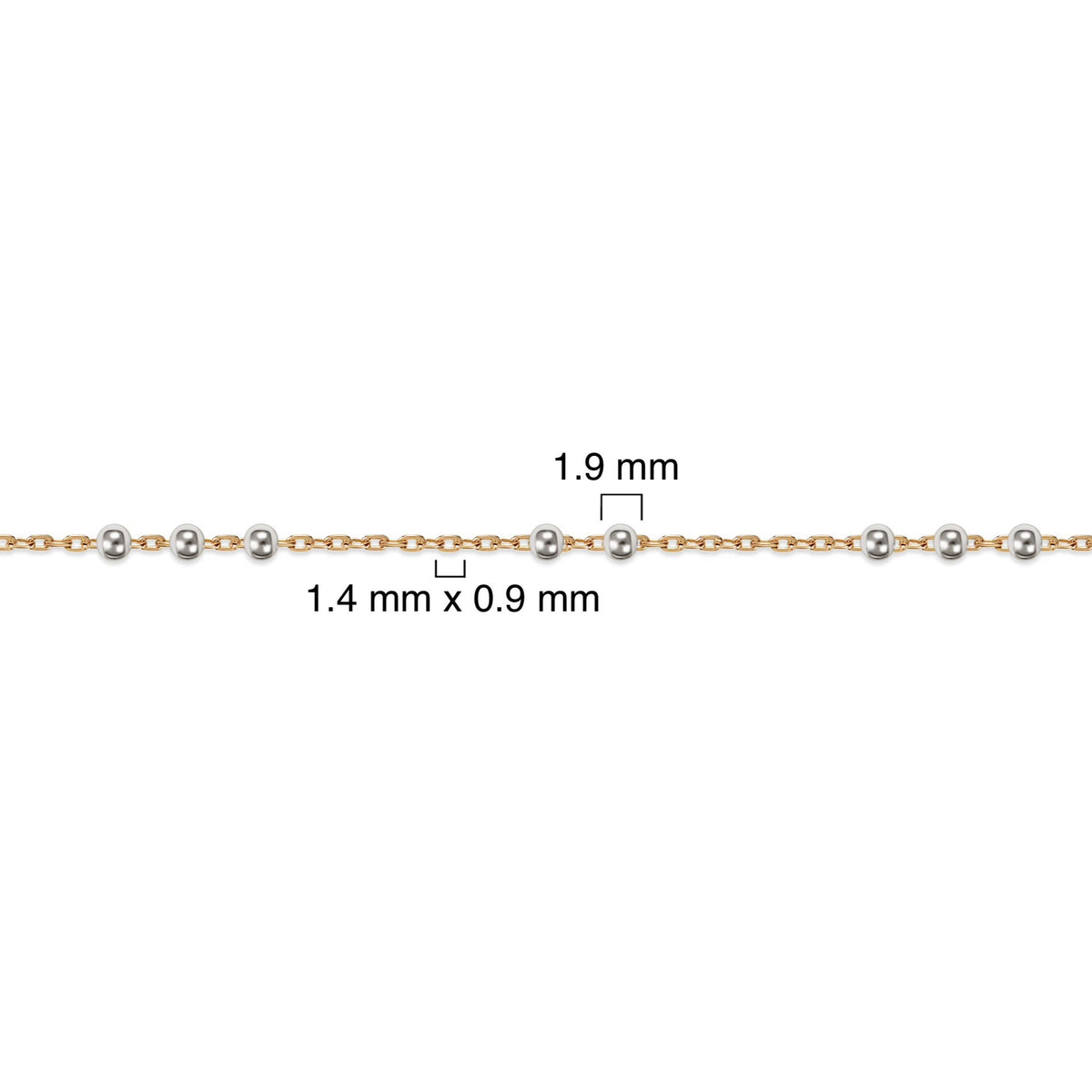 Gold-filled + sterling silver chain with measurements on a white background