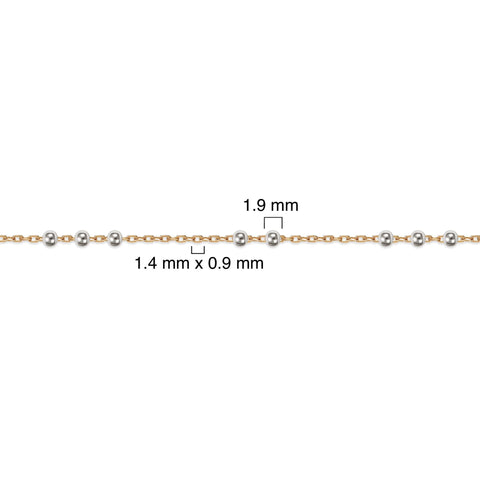 Gold-filled + sterling silver chain with measurements on a white background