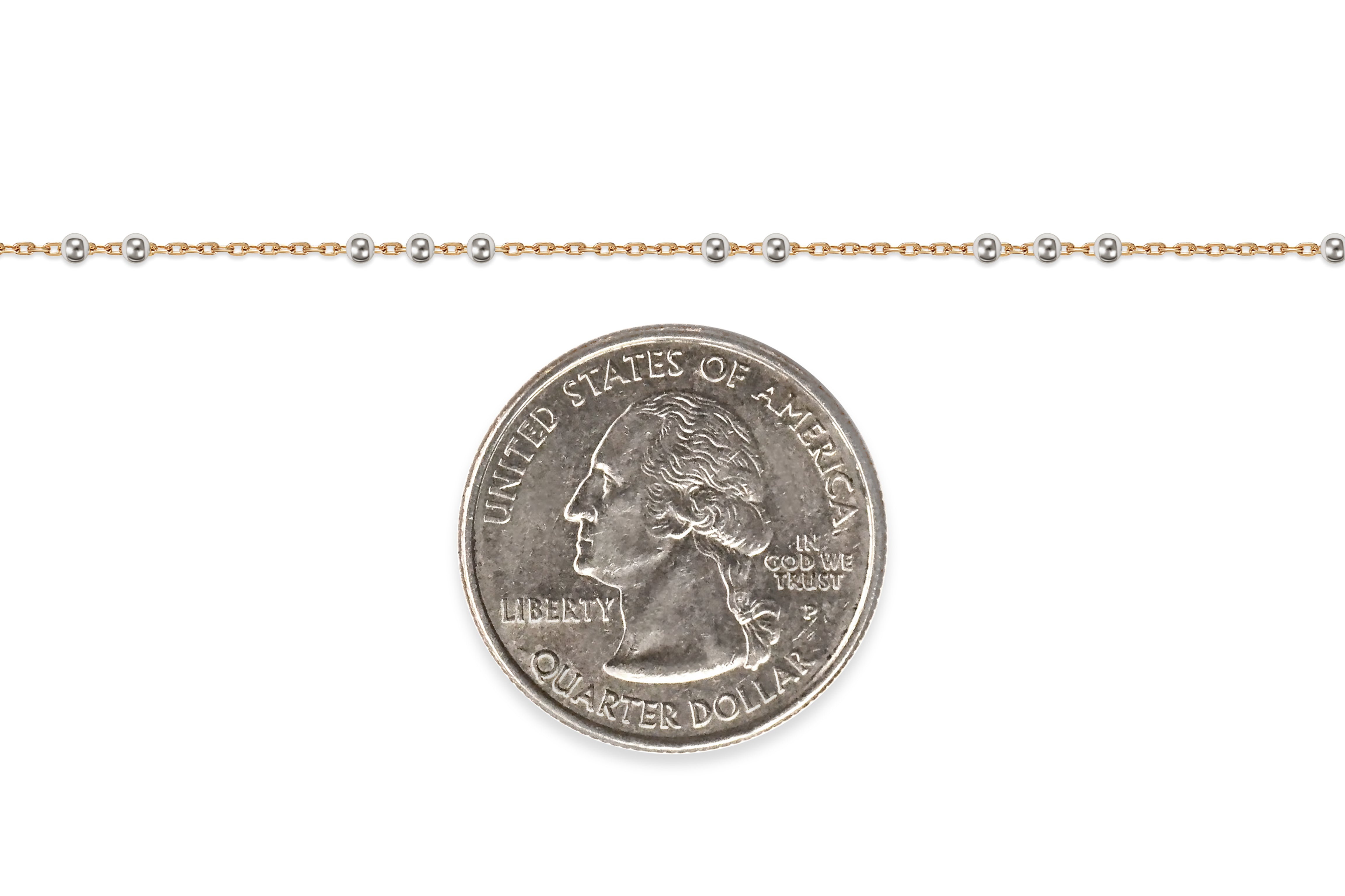 Gold-filled + sterling silver chain next to a U.S. quarter dollar coin for scale