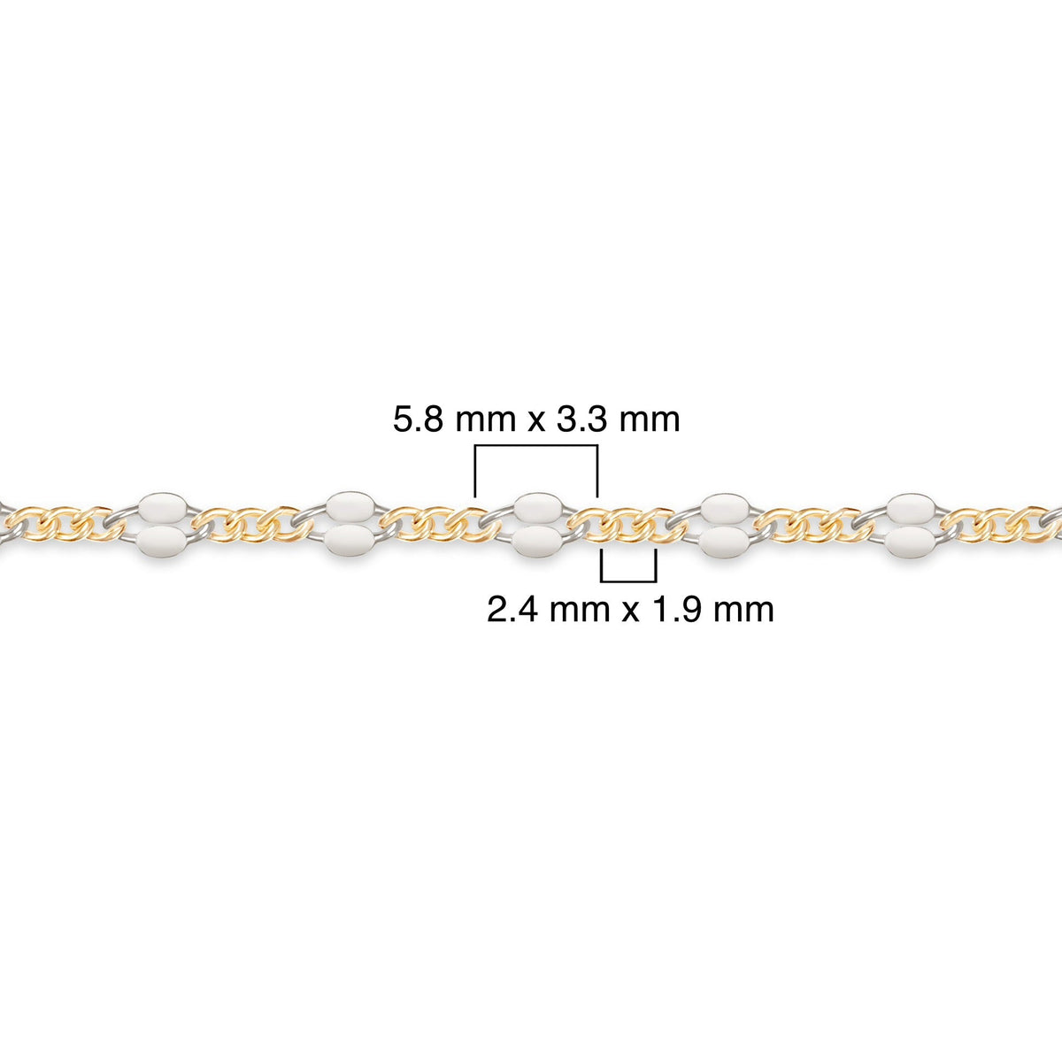 Two-tone gold-filled plus sterling silver chain with measurements on a white background
