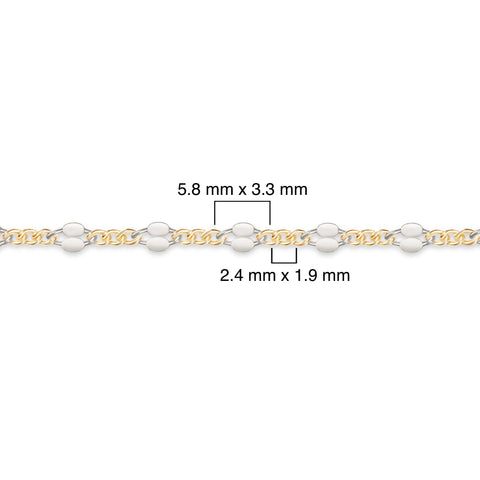 Two-tone gold-filled plus sterling silver chain with measurements on a white background