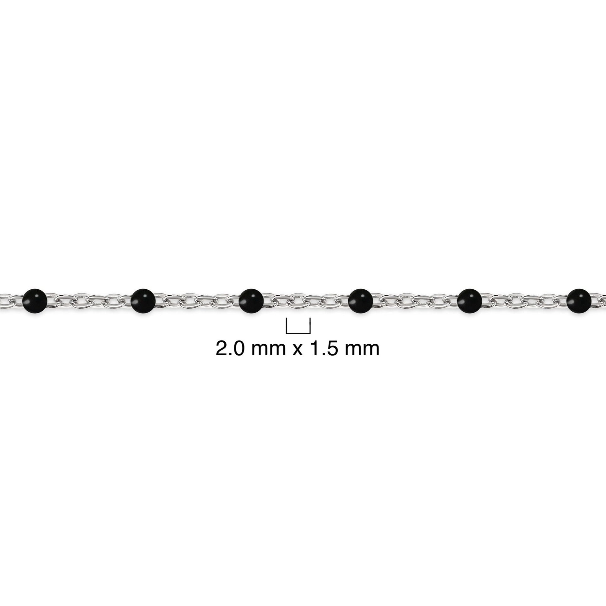 Silver chain with black enamel beads and measurement details on a white background