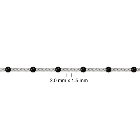Silver chain with black enamel beads and measurement details on a white background