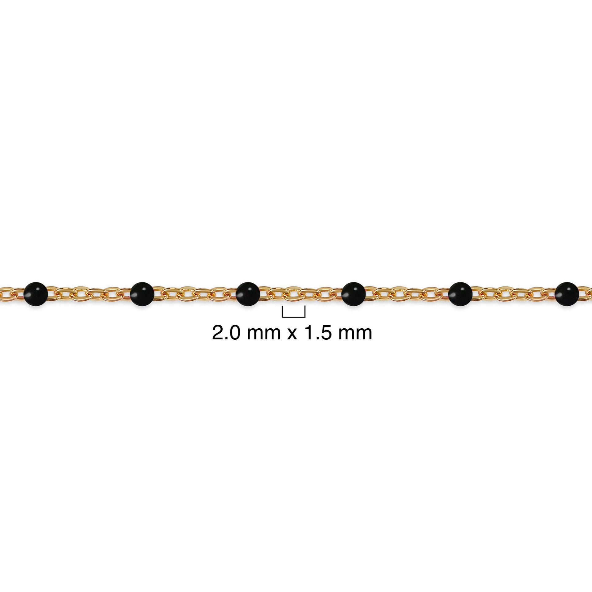 Gold chain with black beads on a white background